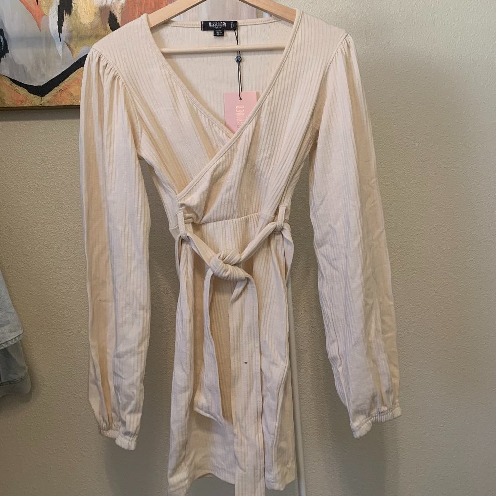Missguided Sz US6 Rib Knit Beige Wrap Dress NWT